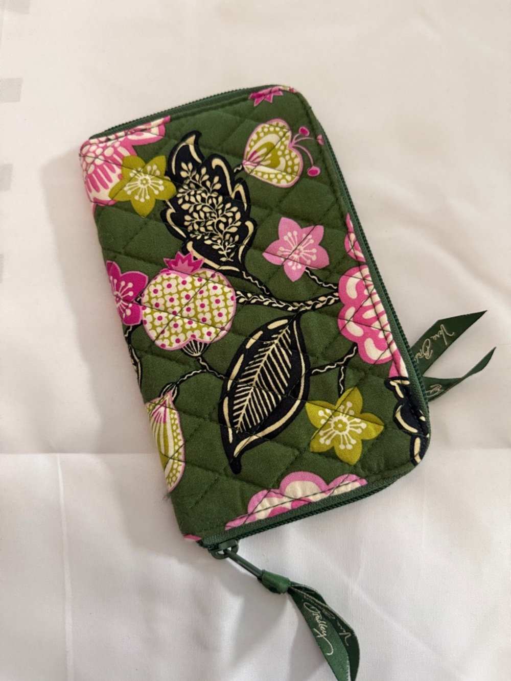 Vera Bradley Floral Zip Wallet - Green with Pink & Lime Accents- Like new